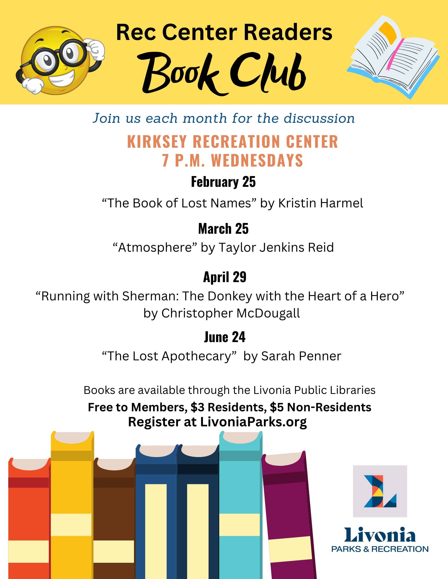 Flyer for book club meetings at Kirksey Recreation Center