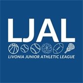 Livonia Junior Athletic League acronym, "LJAL" with sports paraphenalia below it.