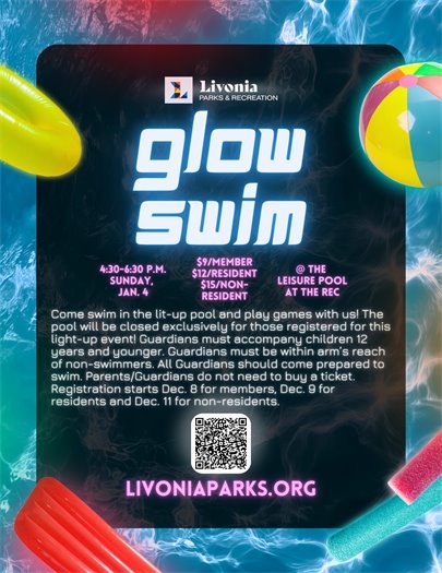 Flyer for Glow Swim Pool Party on Jan. 4