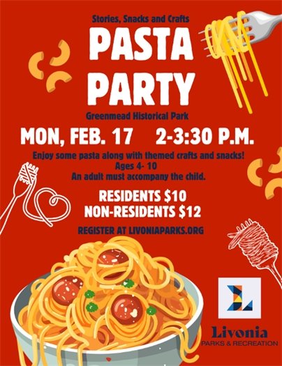A flyer for Stories, Snacks, and Crafts: Pasta Party