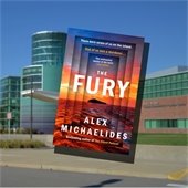 "The Fury" by Alex Michaelides superimposed on the Kirksey Recreation Center