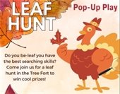 A cartoon turkey with the words "Leaf Hunt" superimposed above.