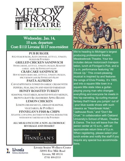 Flyer for Meadow Brook Theatre Trip on Wednesday, Jan. 14