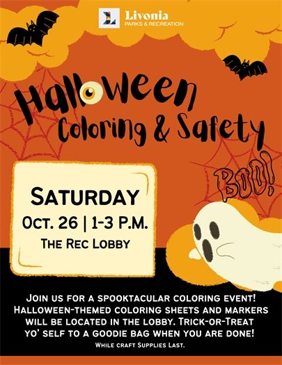 Flyer for a Halloween coloring and safety craft activity on Saturday, Oct. 26, 1-3 p.m.