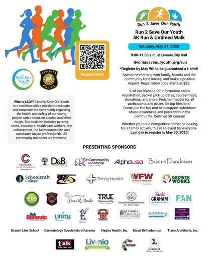 Flyer for the Livonia Run 2 Save Our Youth 5k