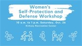 Stick figure graphics fighting with "Women's Self-Protection and Defense Worksho" superimposedp