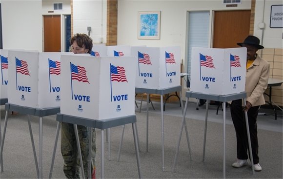 Voters standing at voting booths.