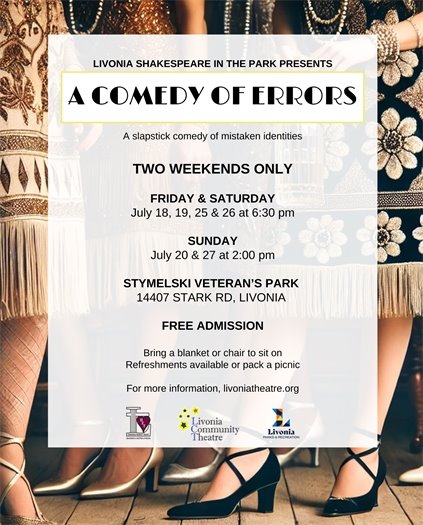 Flyer for Livonia Shakespeare in the Park "A Comedy of Errors"