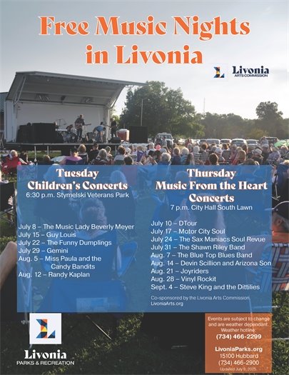 Flyer for free summer concerts in Livonia