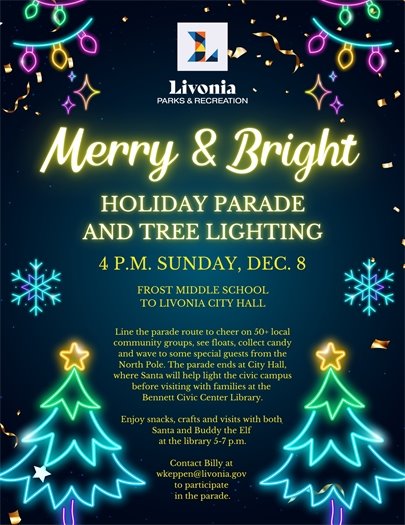 Flyer for the Merry & Bright Parade and Tree Lighting