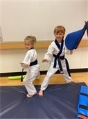Two children in Tae Kwon Do Doboks posing in fighting positions