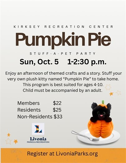 Flyer for upcoming stuff-a-pet party featuring a black cat in a pumpkin