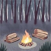 Painting of a campfire in the woods.