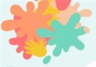 Multi-colored paint splotches overlap while a yellow hand-shaped paint splotch waves