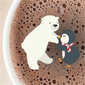 A penguin and polar bear dancing together with a background of hot chocolate