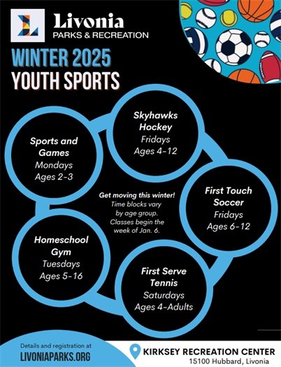 A flyer for Livonia Parks and Recreation's Winter sports programs