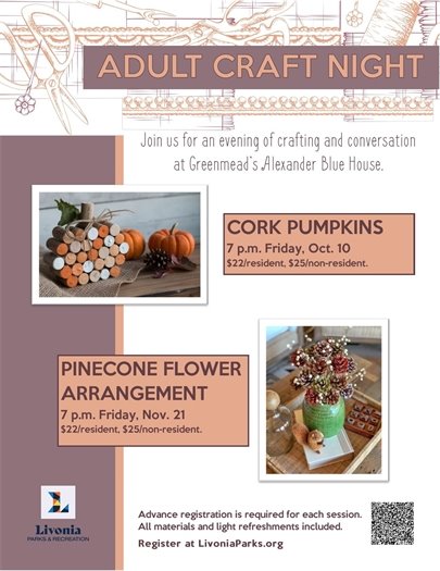 Flyer for Adult Craft Night at Greenmead Historical Park