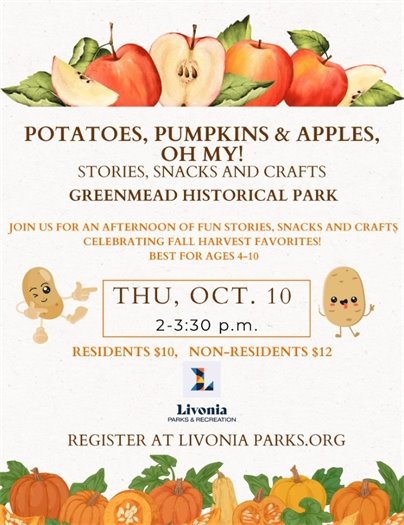 Flyer for Stories, Snacks, and Crafts: Potatoes, Pumpkins & Apples, Oh My!