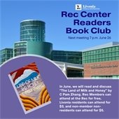 Flyer for Rec Center Readers Book Club: Land of Milk and Honey meeting