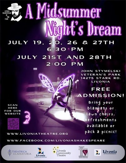 Flyer for Livonia Shakespeare in the Park's "A Midsummer Night's Dream"