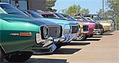 Classic AMC cars of various colors lined up on a sunny day. Their vintage grills shine in the sun.